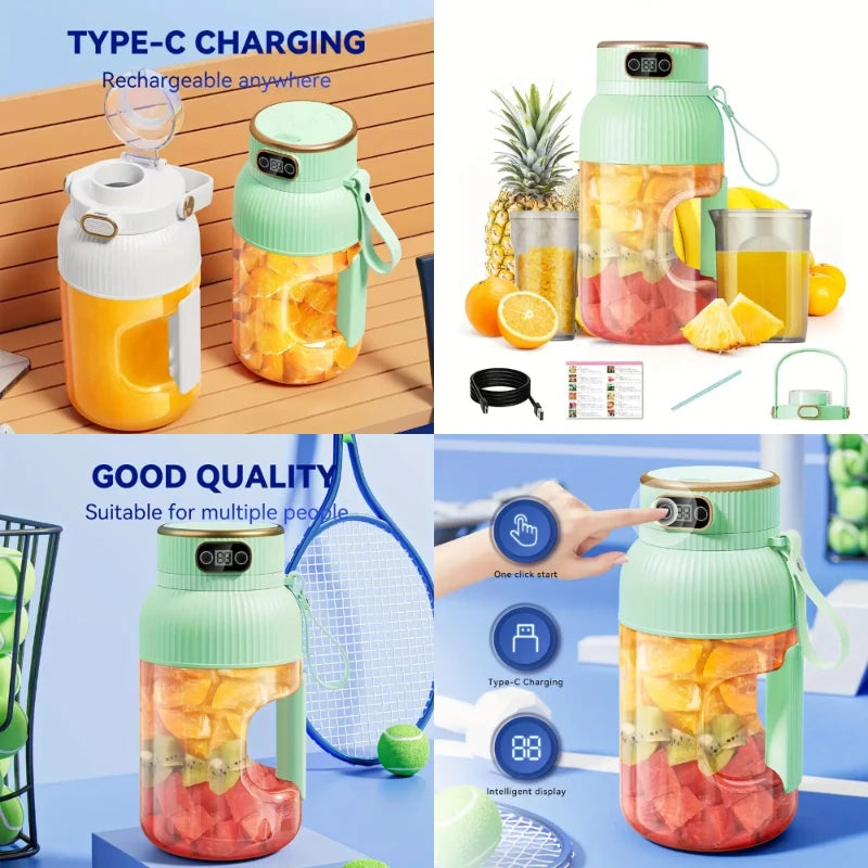 Portable USB Rechargeable Juicer Blender, 40Oz Compact Design, Dual Lids, Silicone Straw, Type-C Cable, Eco-Friendly for Fresh J